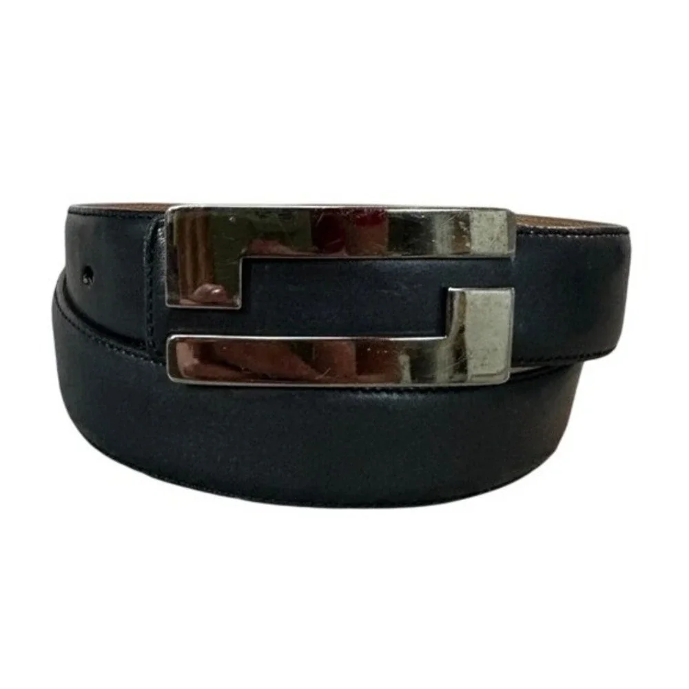 Mezlan Mens Black Leather Belt Silver Geometric Buckle Made in Spain Size 30